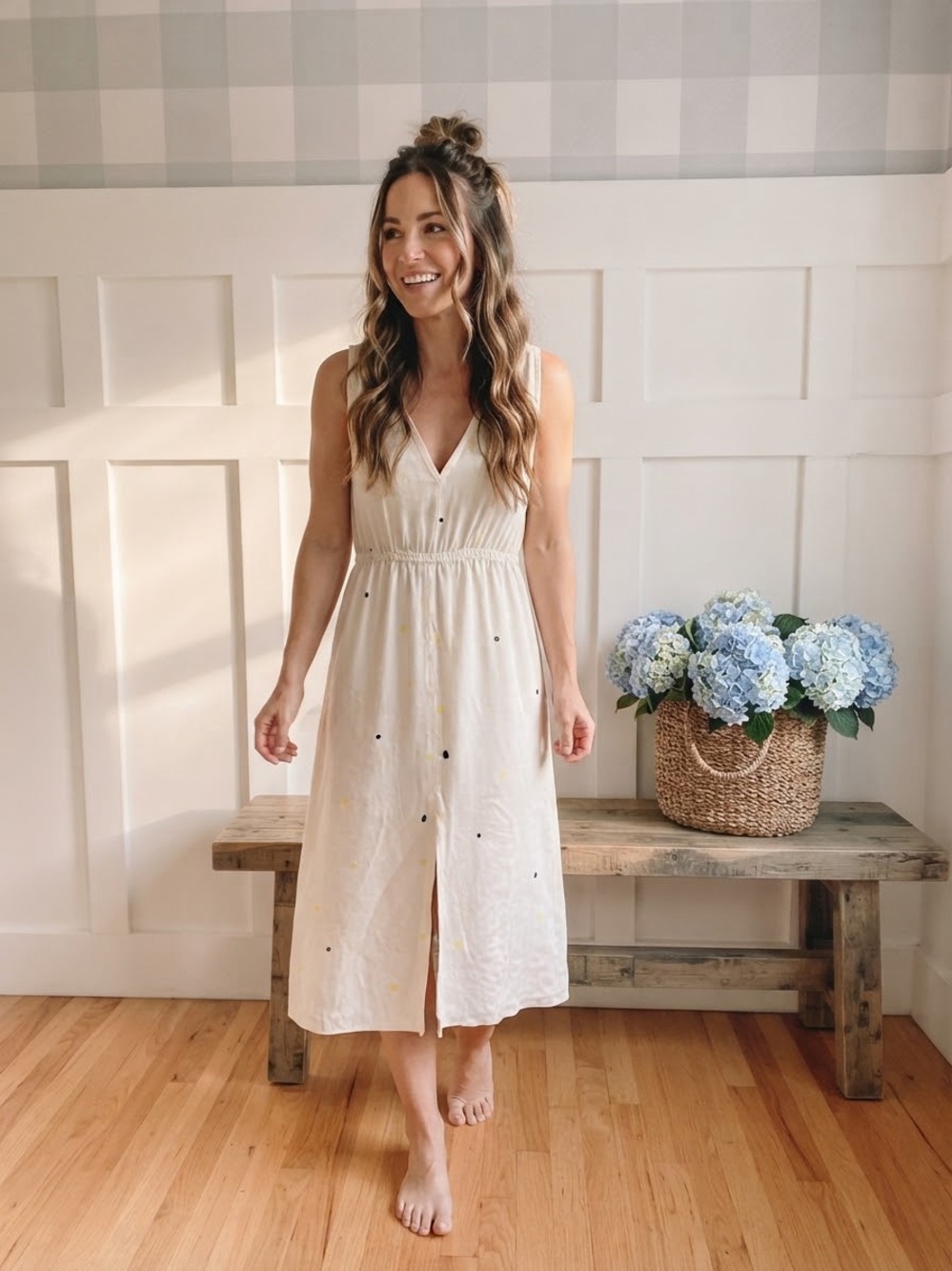 Babaton Silk Cream V‑Neck Midi Dress with Subtle Dot Details XS